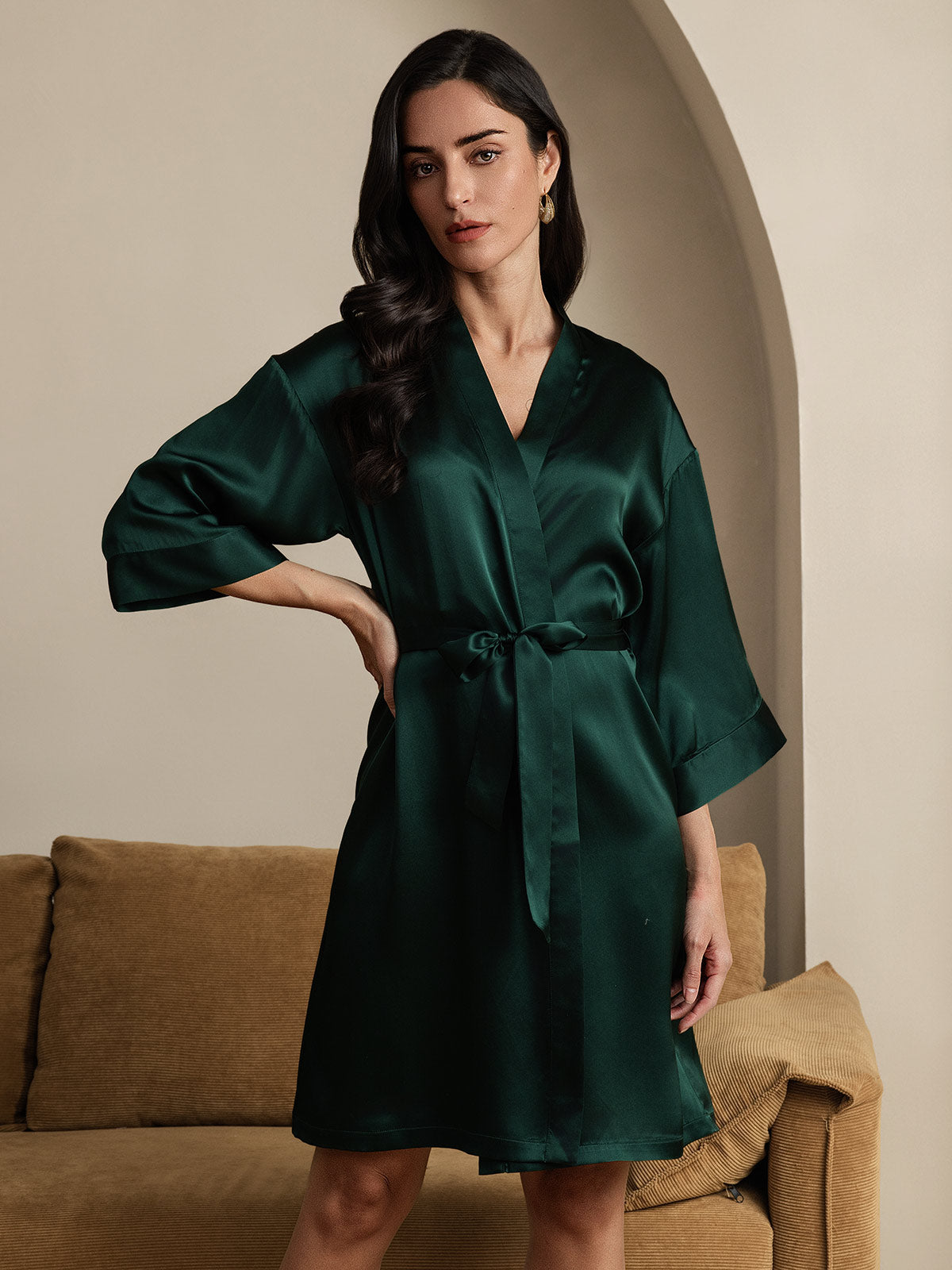 [Dark Green] SilkSilky-CA Pure Silk 3/4 Sleeve Wrap Women's Robe 003