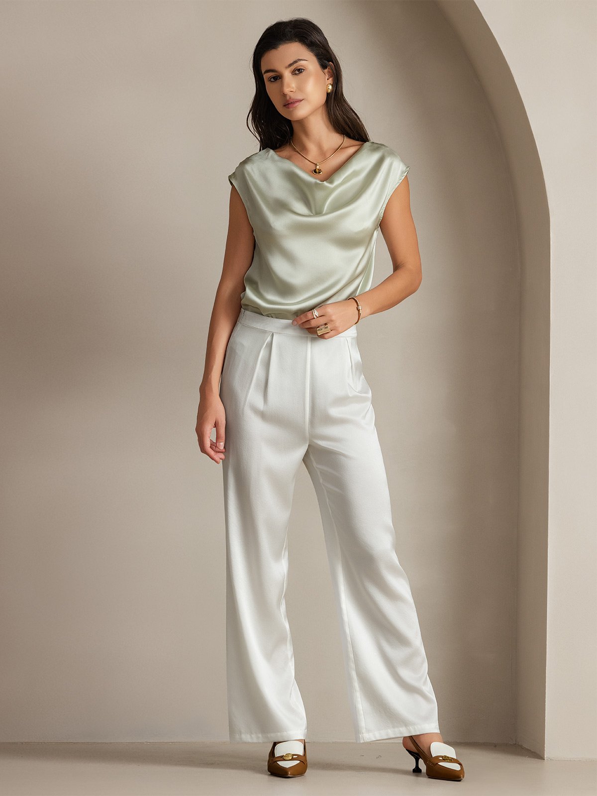 [Light Green] SilkSilky-CA 19Momme Silk Cap Sleeve Cowl Neck Women's T-Shirt 006