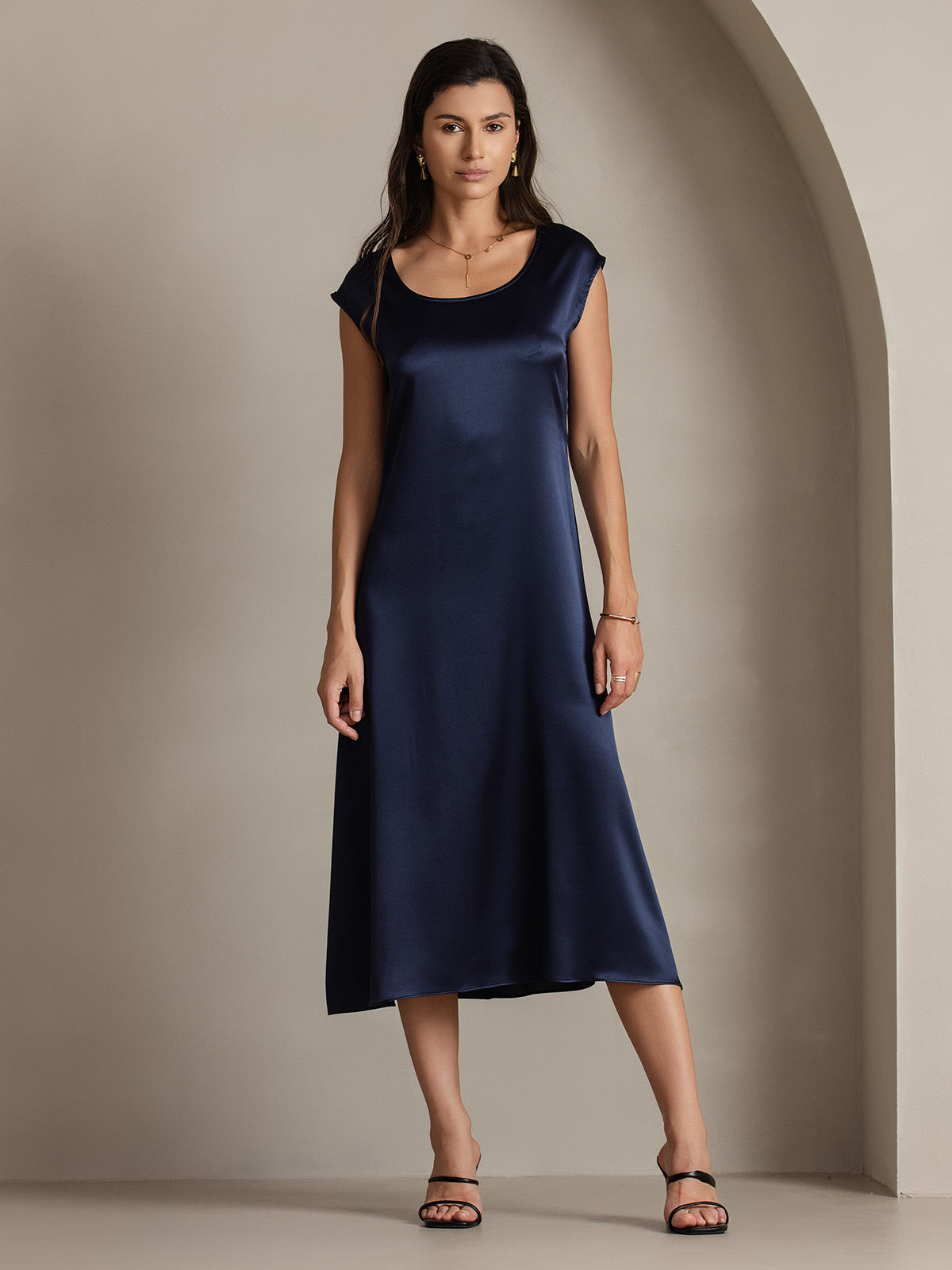 [Dark Blue] SilkSilky-CA 19Momme Silk Round Neck Dress 005