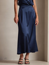 [Dark Blue] SilkSilky-CA 19Momme Stretch Silk Charmeuse Skirt 001