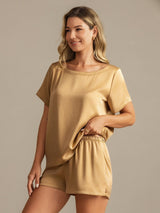 [Tan] SilkSilky-CA 19Momme Machine-Washable Silk Short Sleeve Round Neck Women's Pajamas 006