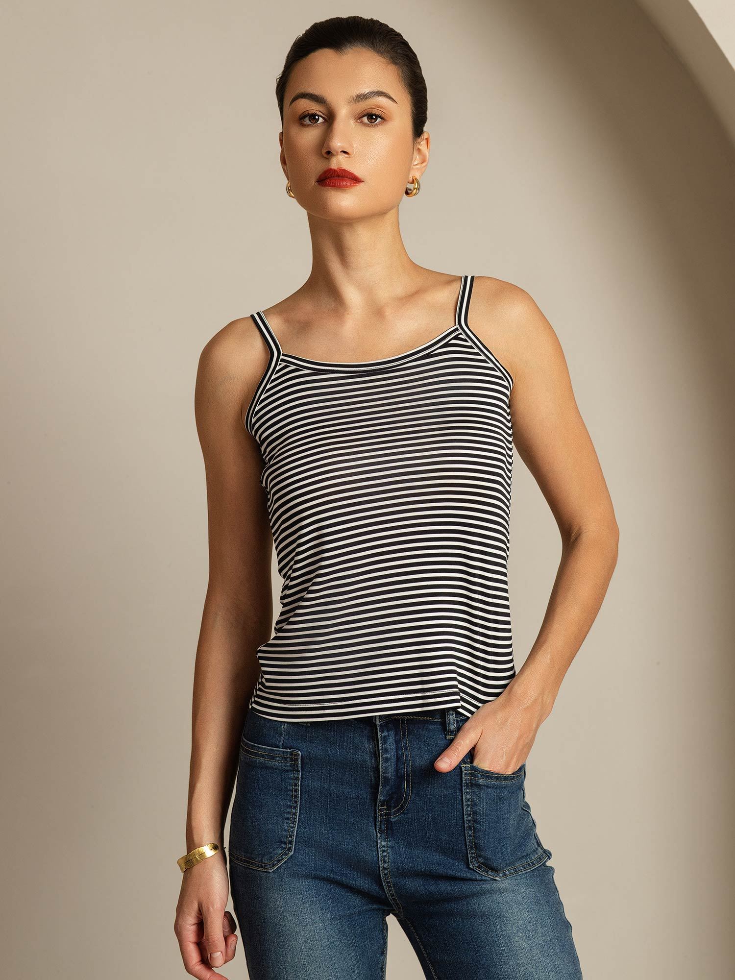 [Black Stripe] SilkSilky-CA Spaghetti Strap Square Neck Camisole 001