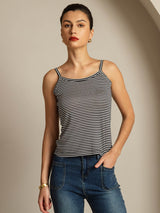 [Black Stripe] SilkSilky-CA Spaghetti Strap Square Neck Camisole 001