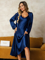 [Dark Blue] SilkSilky-CA Long Sleeve V Neck Nightgown&Robe Set 001