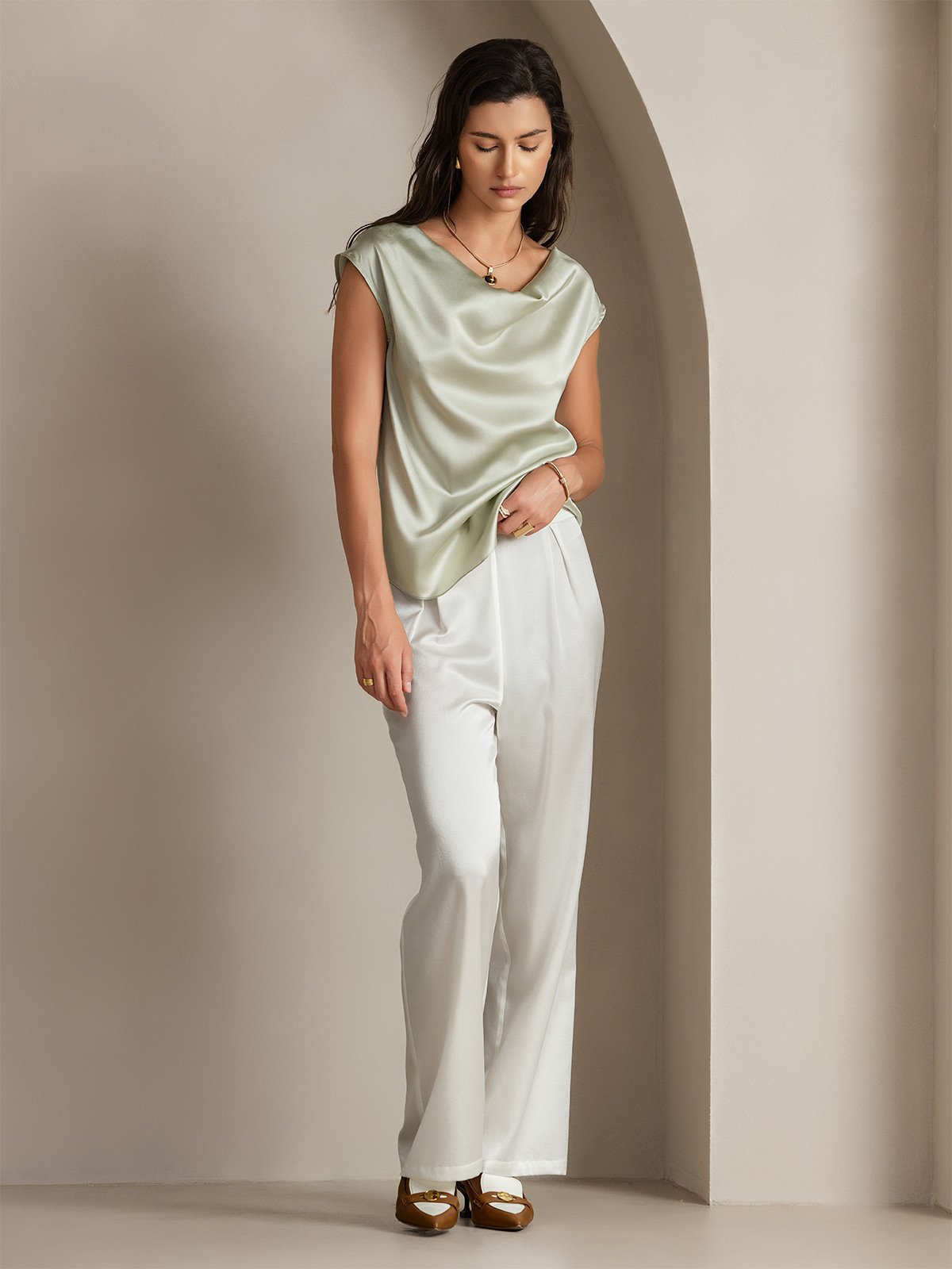 [Light Green] SilkSilky-CA 19Momme Silk Cap Sleeve Cowl Neck Women's T-Shirt 004