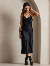 [Black] SilkSilky-CA Spaghetti Strap V Neck Dress 006