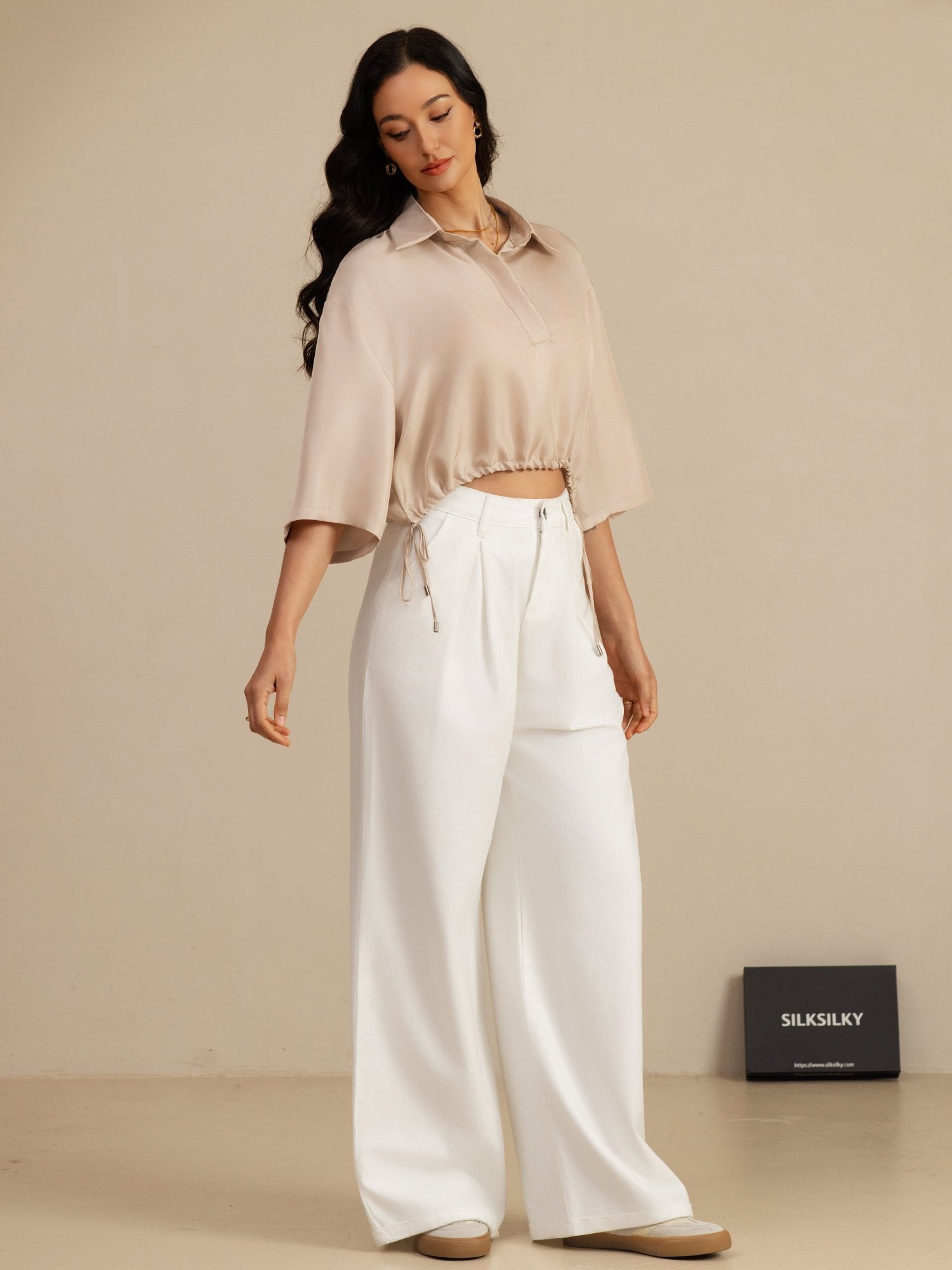 [Tan] SilkSilky-CA 18Momme Silk Satin Surah Half Sleeve Lapel Collar Blouse 007