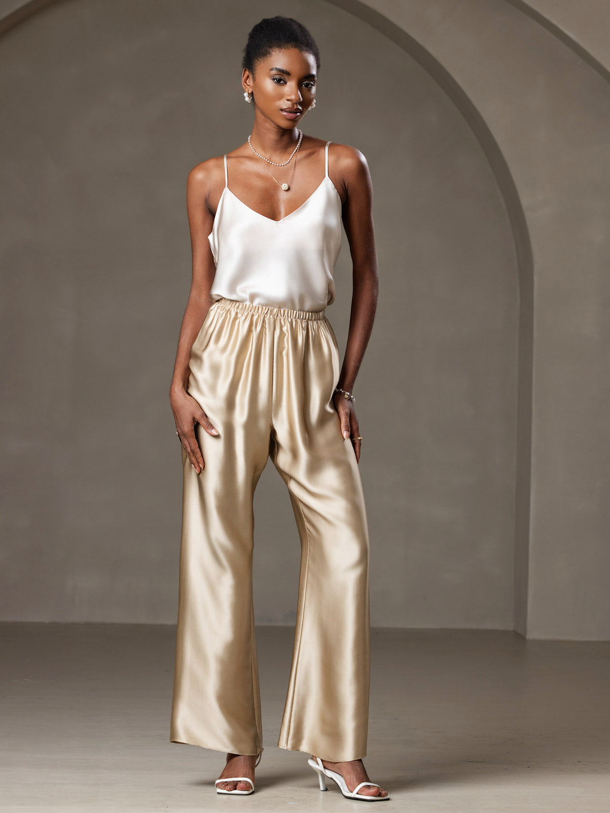 [Beige] SilkSilky-CA Pure Silk V Neck Camisole 005