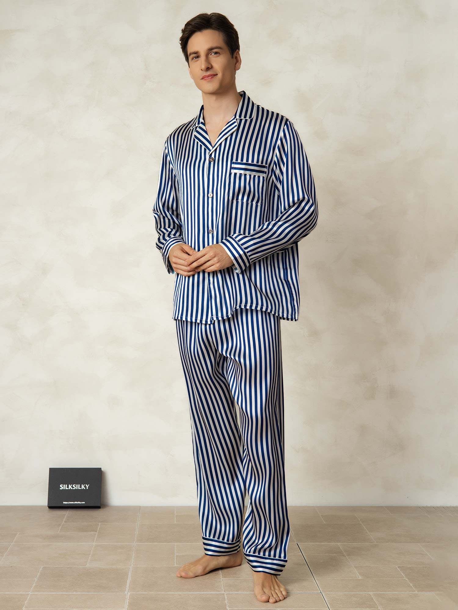 [Navy Stripe] SilkSilky-CA 19Momme Pure Silk Mens Pajamas 007