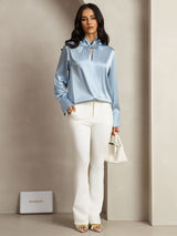 [Grayish Blue] SilkSilky-CA 19Momme Silk Keyhole Neck Women's Shirt 010