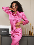 SilkSilky-CA Pure Silk Long Sleeve Lapel Women's Pajamas RoseRed 005