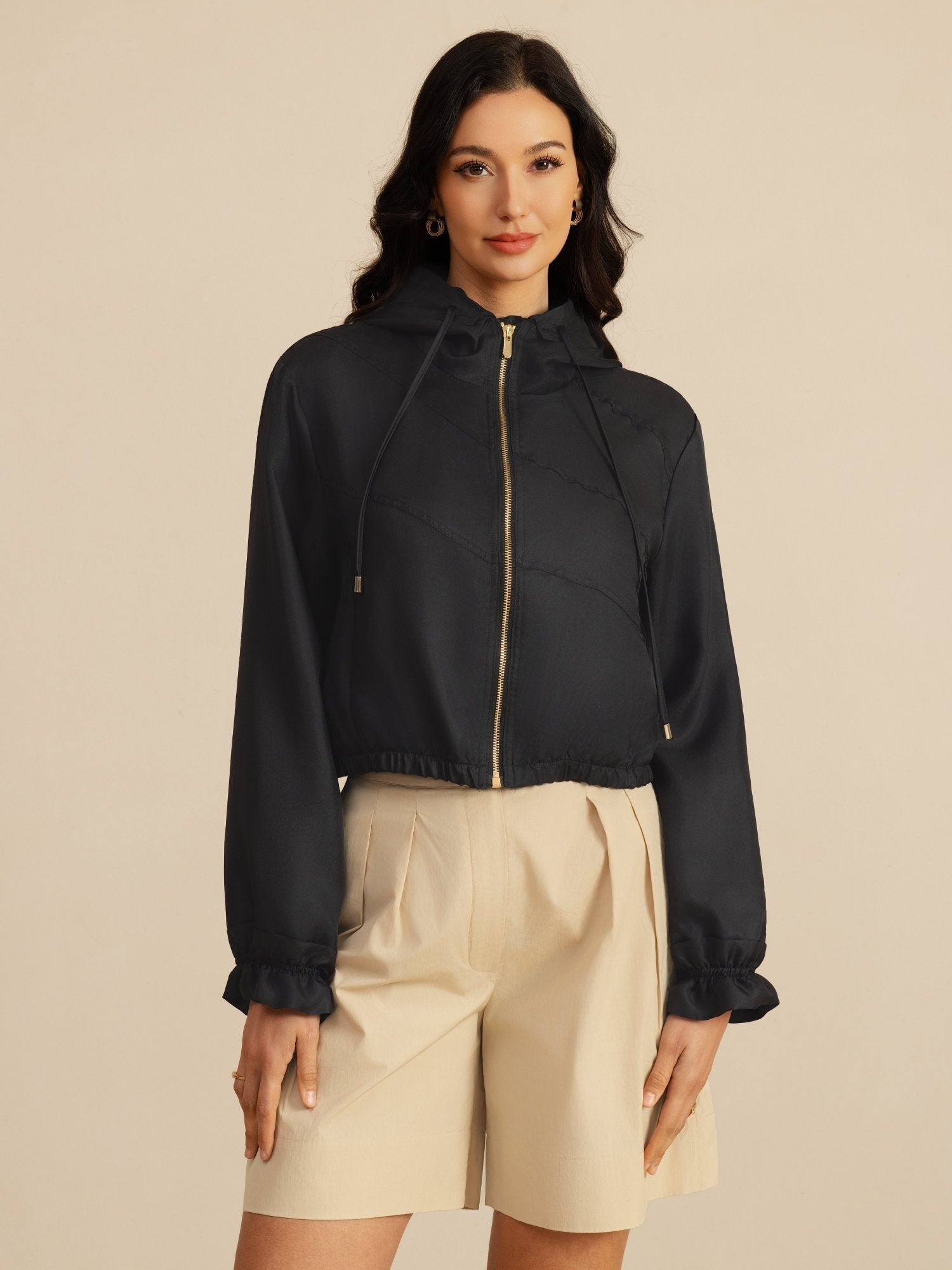 [Black] SilkSilky-CA 18Momme Silk Satin Surah Long Sleeve High Neck Women's Outerwear 001