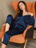 SilkSilky CA Long Sleeve Lapel Women's Pajamas DarkBlue 007