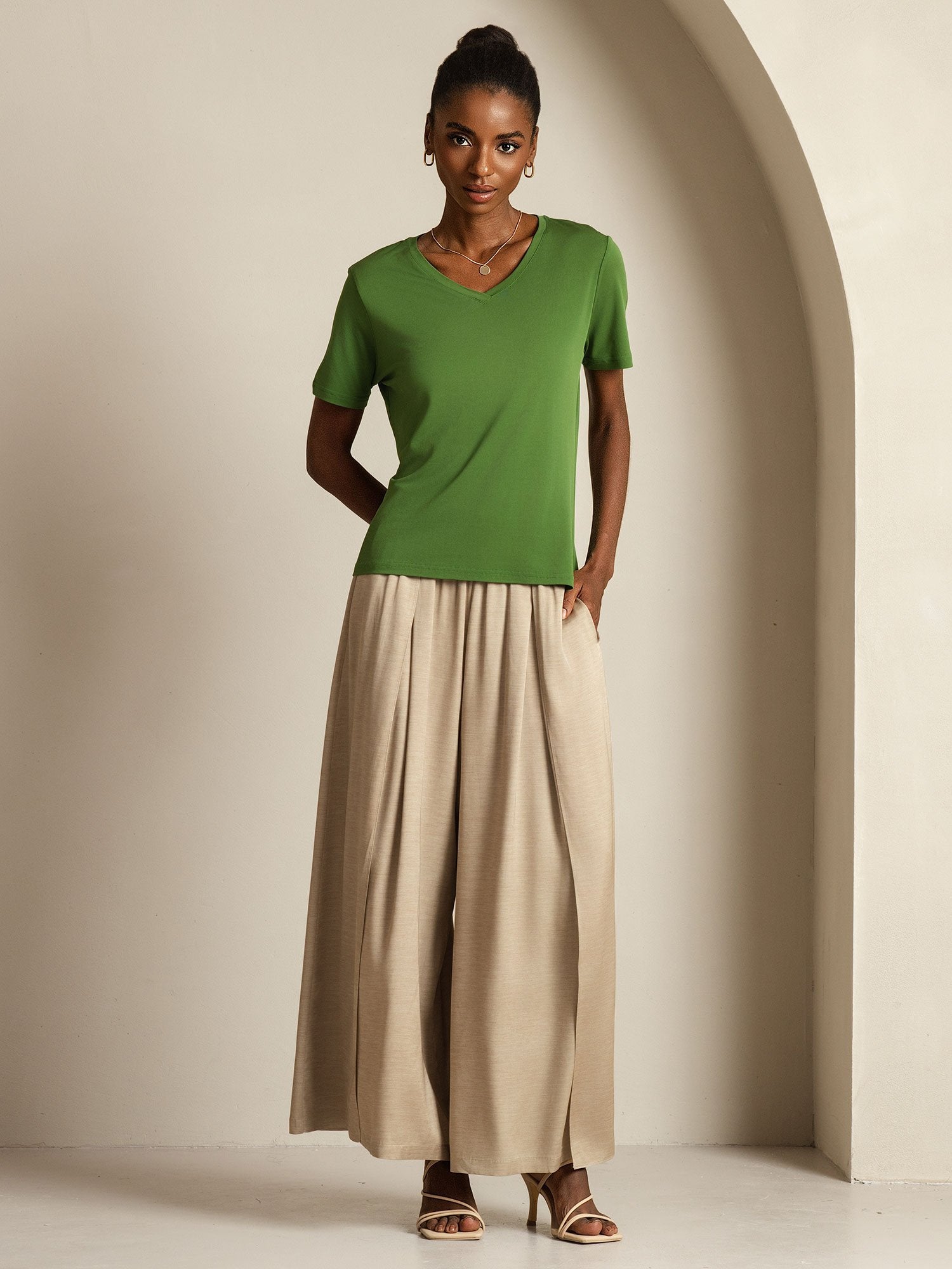 [Green] SilkSilky-CA Pure Silk V Neck Women's T-Shirt 009