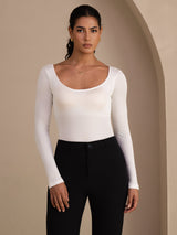 [White] SilkSilky-CA Long Sleeve U Neck Women's T-Shirt 001