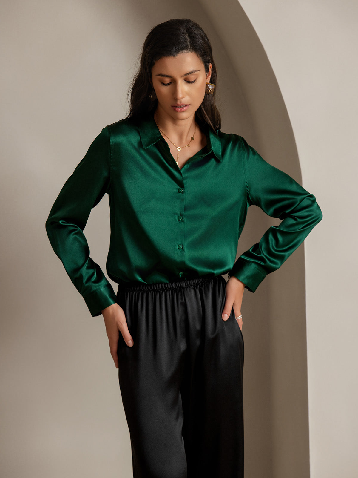 [Dark Green] SilkSilky-CA Silk Long Sleeve Lapel Collar Women's Shirt 003