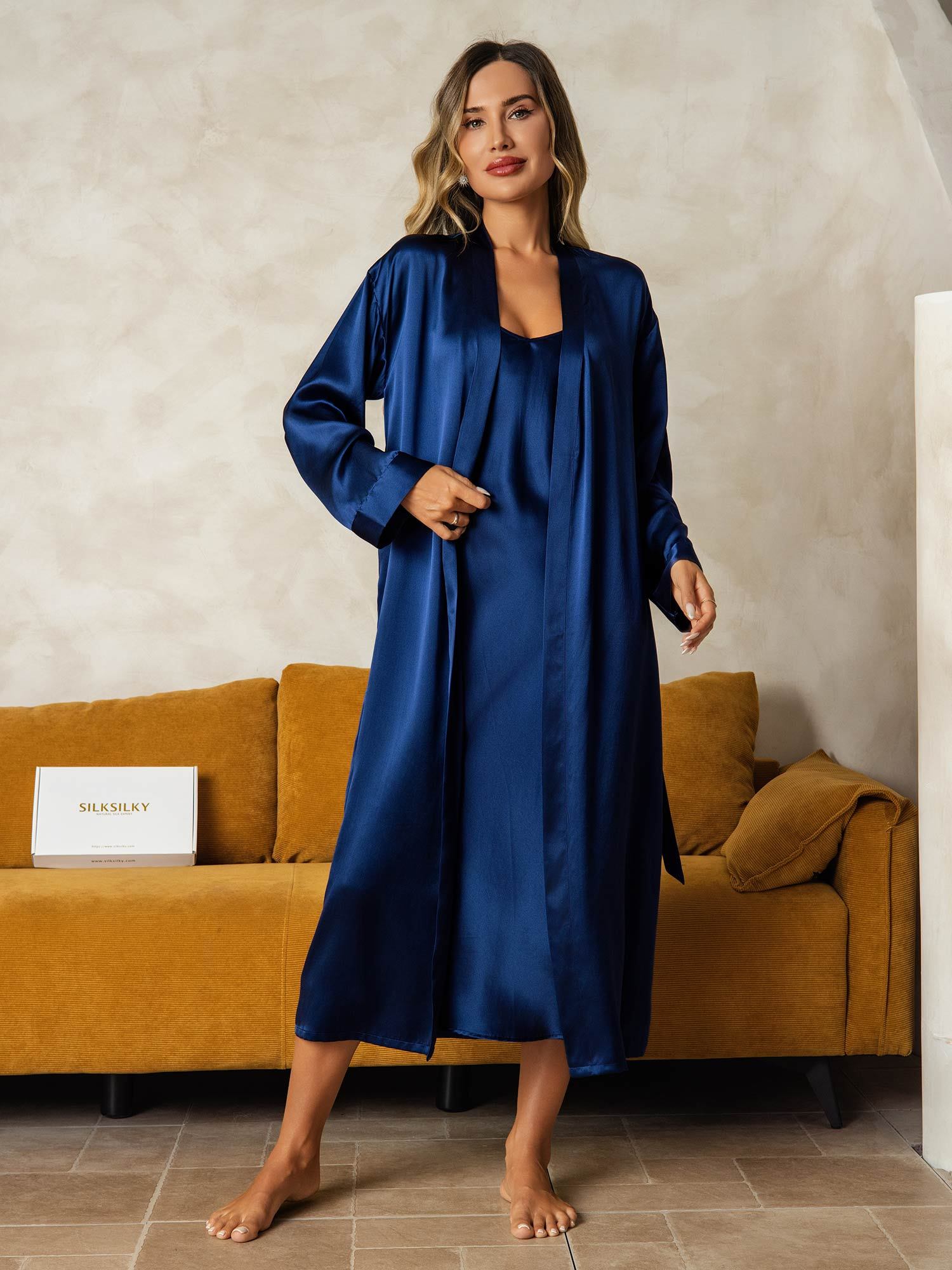 [DarkBlue] SilkSilky-CA Pure Silk V Neck Nightgown&Robe Set 008