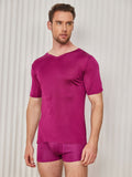 SilkSilky-CA Silk Knitted Short Sleeve V Neck Men's T-Shirt DarkRed 003