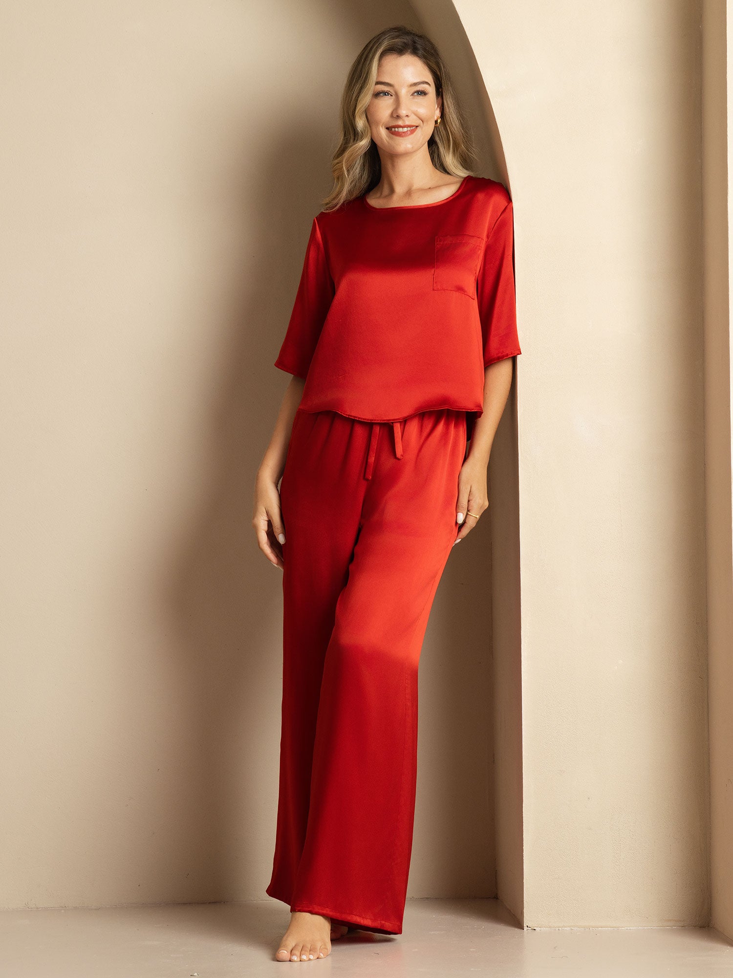 [Wine] SilkSilky-CA Pure Silk Round Neck Women's Pajamas 006
