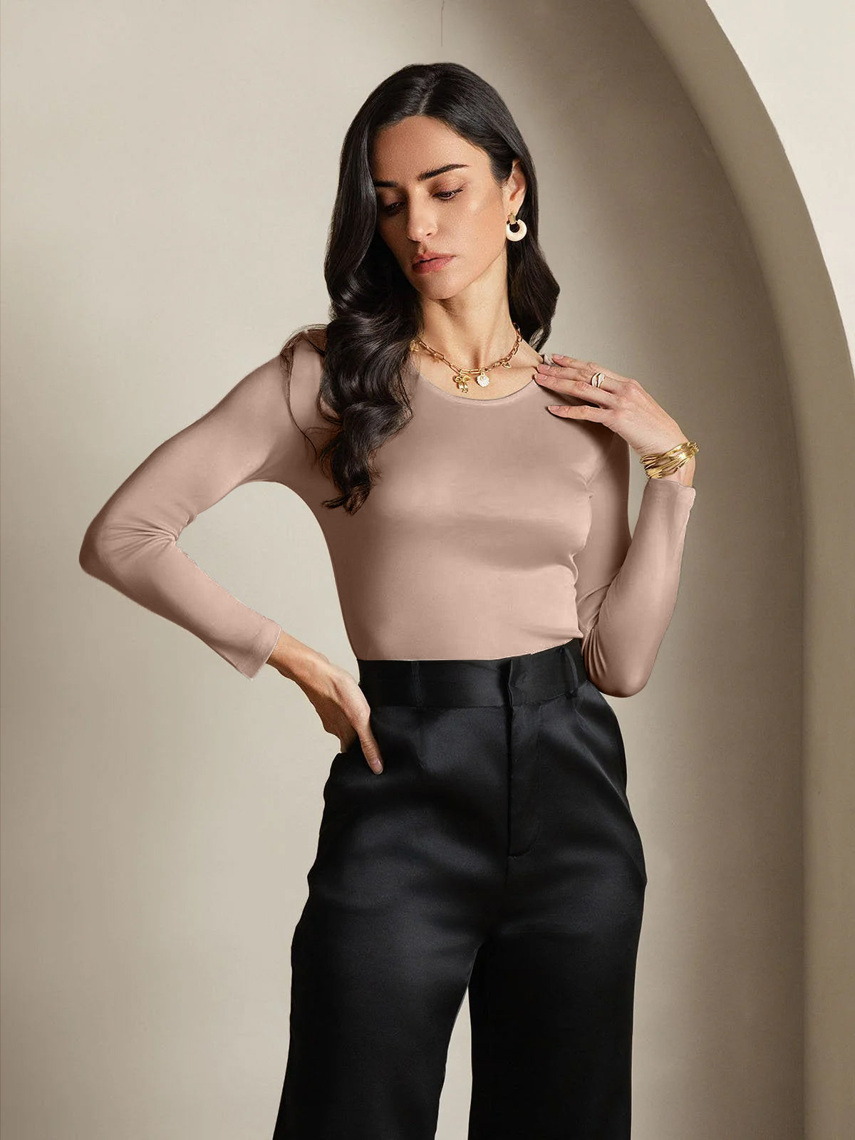 [Coffee] SilkSilky-CA Silk Round Neck Women's T-Shirt 003