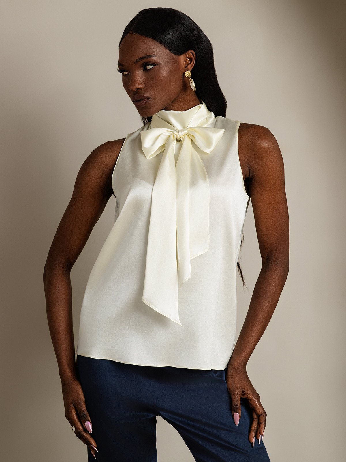 SilkSilky-CA 19Momme Silk Tie Neck Women's Shirt Ivory 003