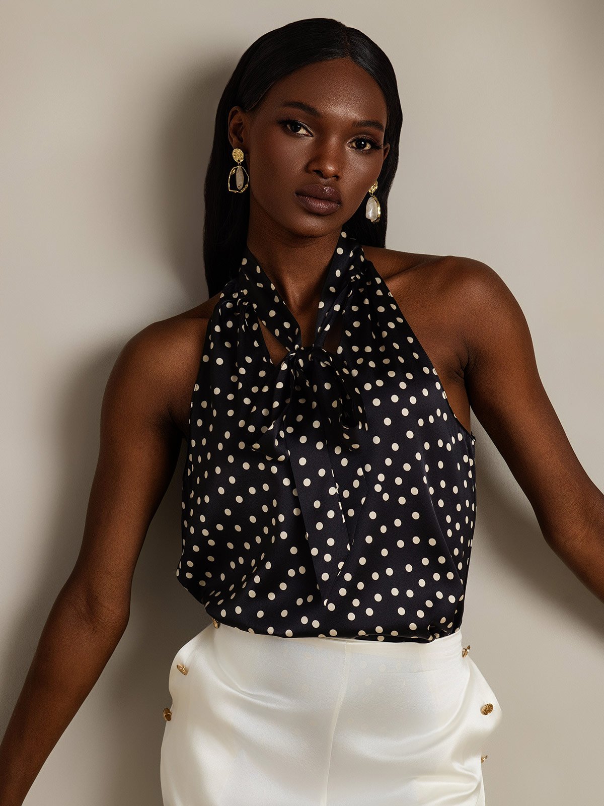 SilkSilky-CA 19Momme Silk Sleeveless Tie Neck Women's Shirt Black+White 003