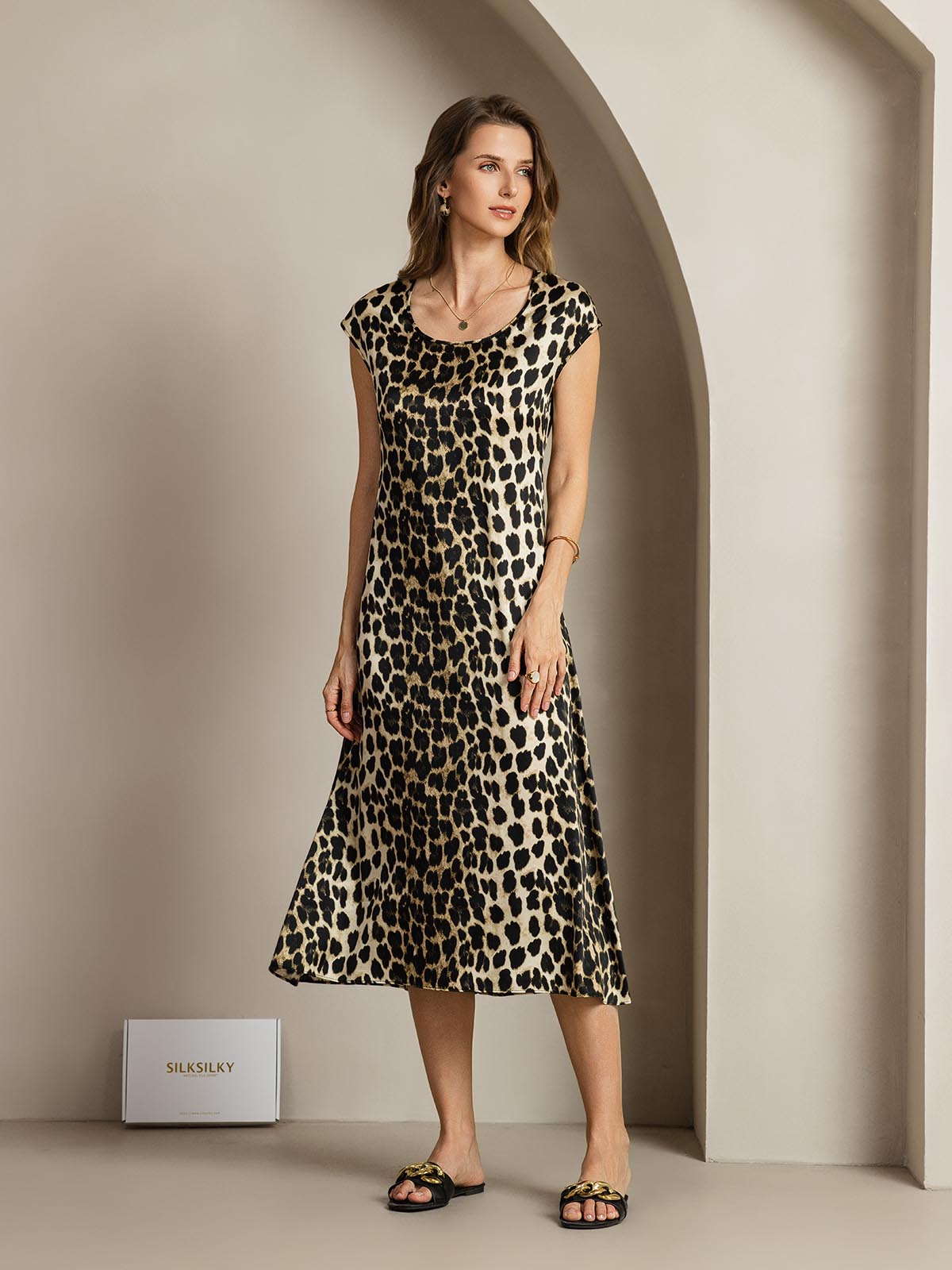 [Leopard] SilkSilky-CA 19Momme Silk Round Neck Dress 008
