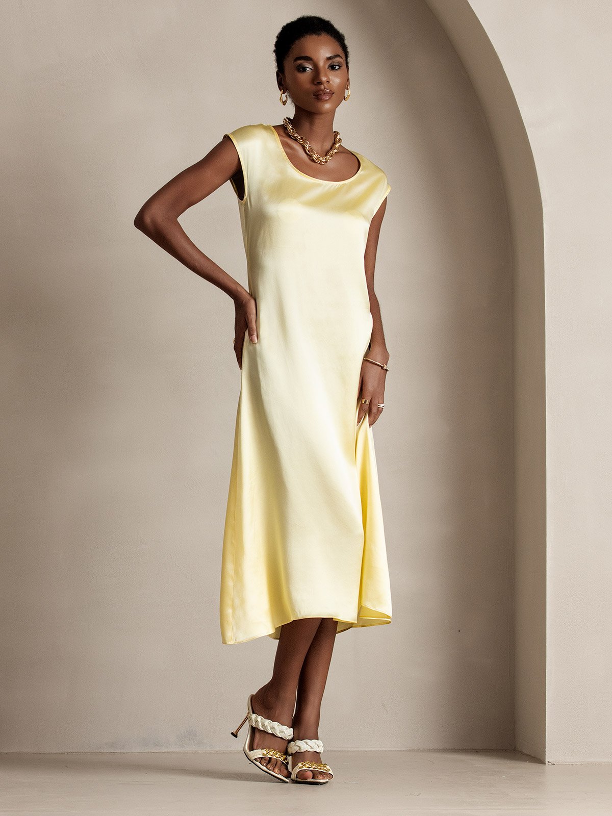[Light Yellow] SilkSilky-CA 19Momme Silk Cap Sleeve Round Neck Dress 003