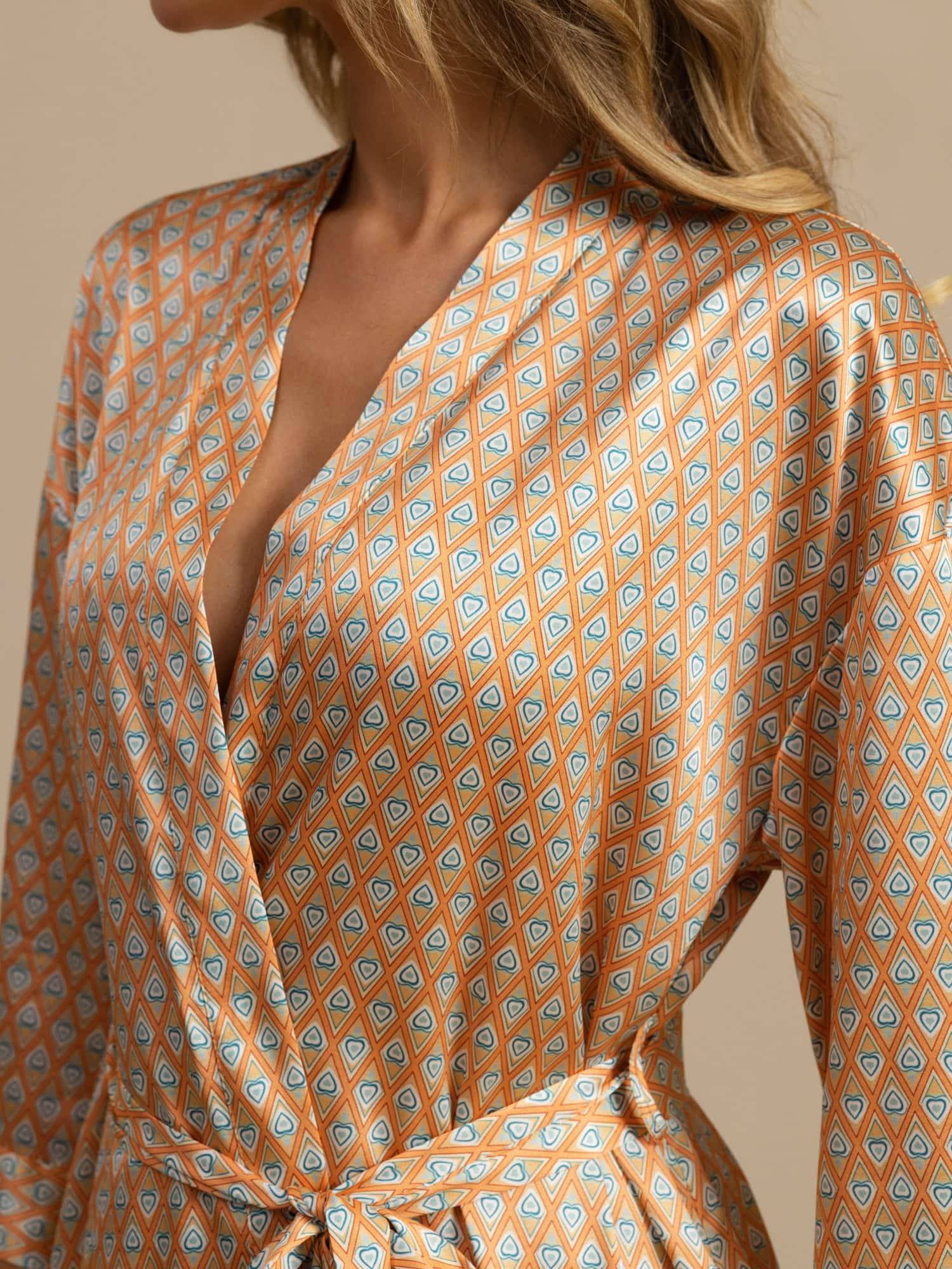 [YellowHeartGeo] SilkSilky-CA 3/4 Sleeve V Neck Women's Robe 005