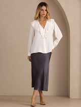 [White] SilkSilky-CA Long Sleeve Deep V Neck Women's Blouse 005