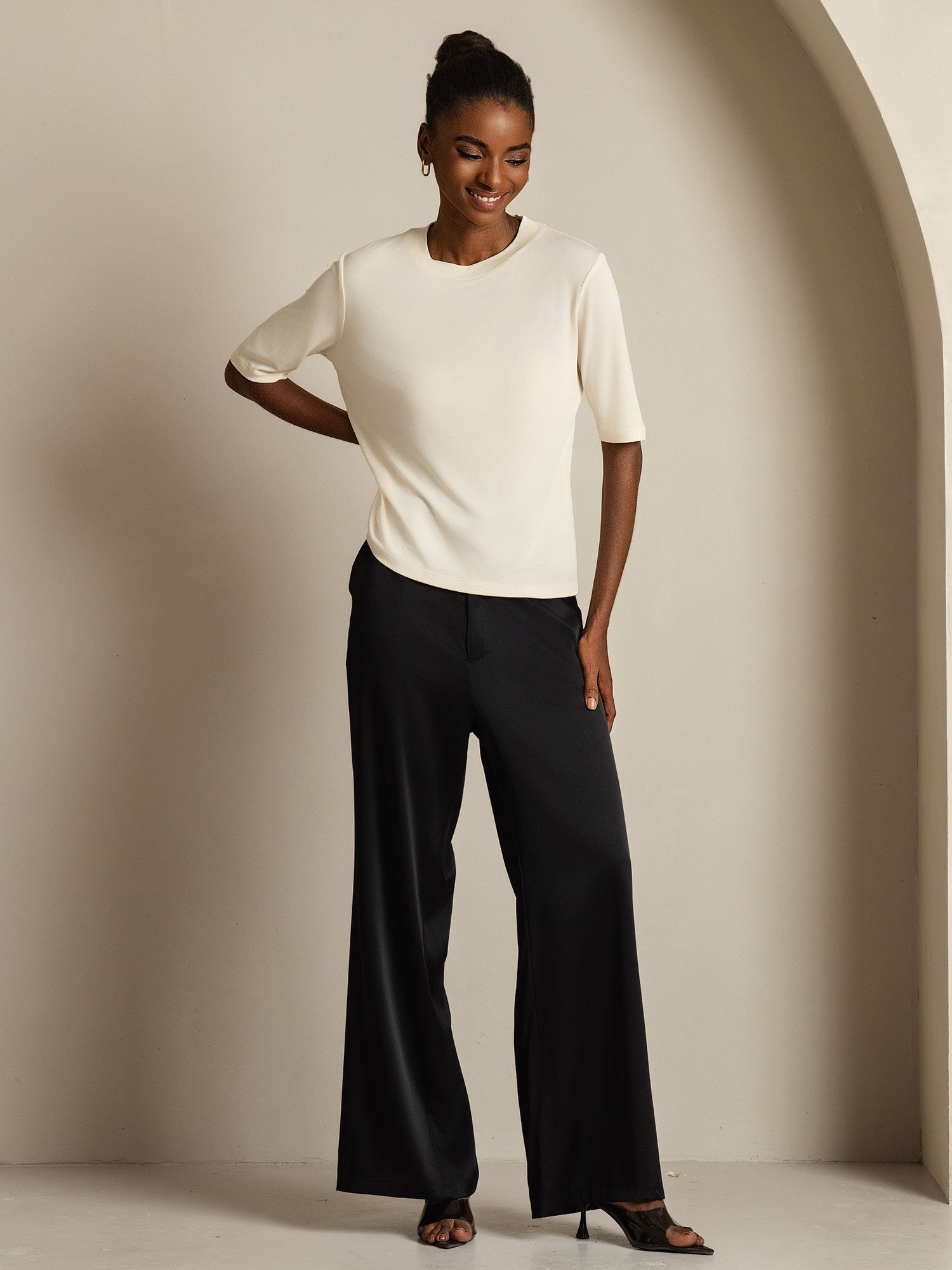 [Beige] SilkSilky-CA Pure Silk Round Neck Women's T-Shirt 007