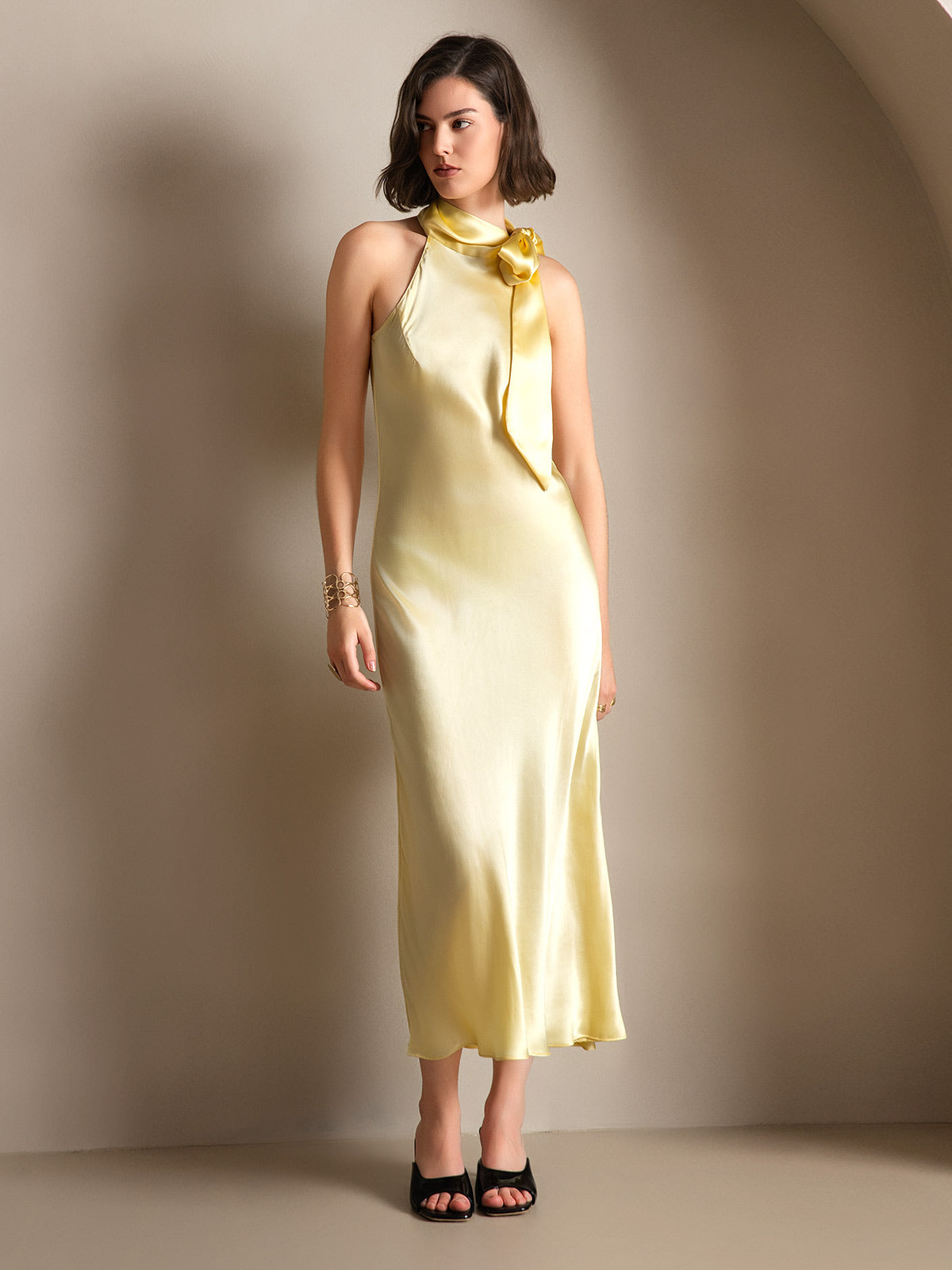 [Light Yellow] SilkSilky-CA 19Momme Stretch Silk Charmeuse Sleeveless Halter Dress 001