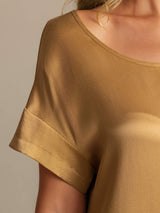 [Tan] SilkSilky-CA 19Momme Machine-Washable Silk Short Sleeve Round Neck Nightgown 004