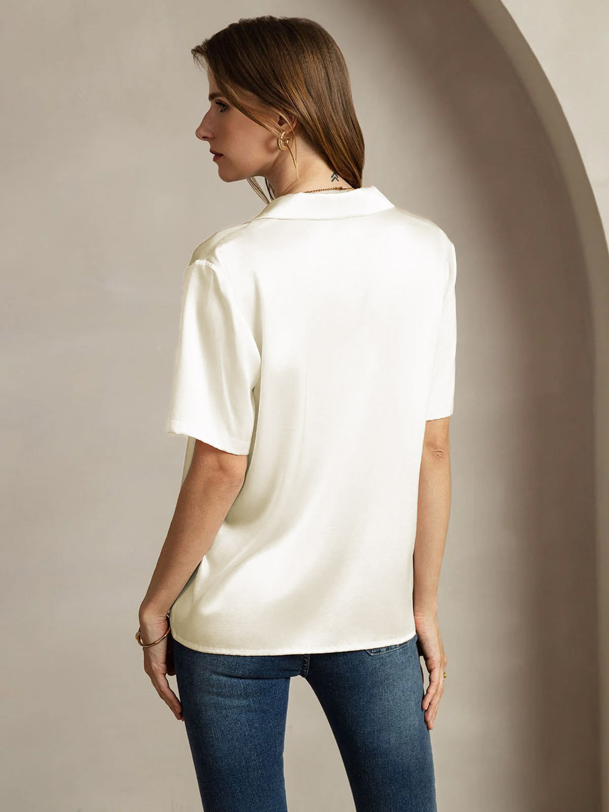 [Ivory] SilkSilky-CA Short Sleeve Lapel Collar Women's Shirt 002