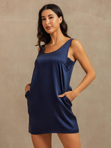 [Dark Blue] SilkSilky-CA 19Momme Machine-Washable Silk Sleeveless Scoop Neck Nightgown 007