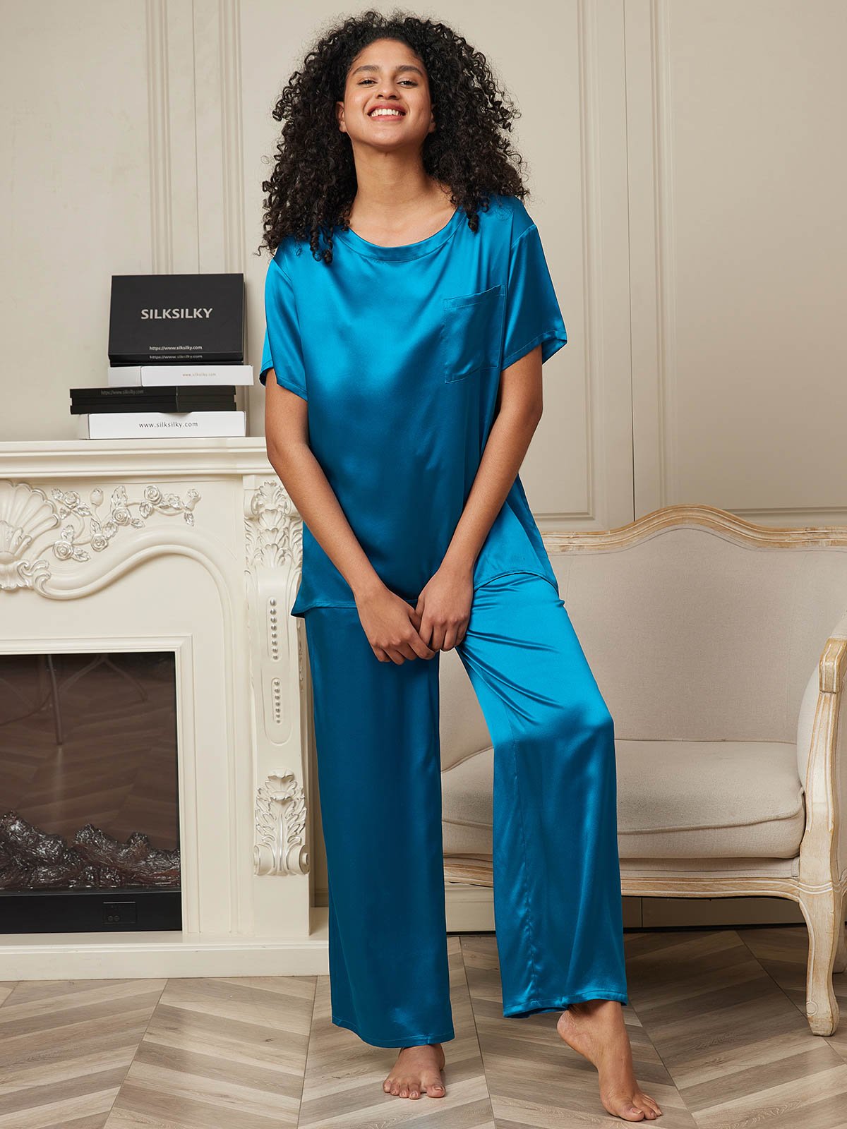[Teal] SilkSilky-CA Pure Silk Short Sleeve Womens Pajamas 003