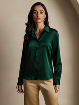 [Dark Green] SilkSilky-CA Long Sleeve Lapel Collar Women's Shirt 004