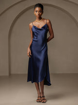 [Dark Blue] SilkSilky-CA Spaghetti Strap Cowl Neck Dress 001