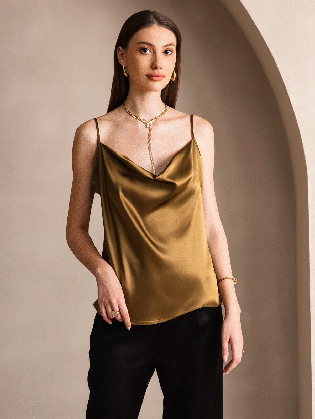 [Brown] SilkSilky-CA 19Momme Silk Cowl Neck Camisole 001