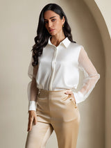 [White] SilkSilky-CA 19Momme Silk Lapel Collar Women's Shirt 001,
