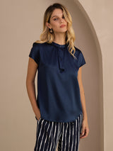 [Dark Blue] SilkSilky-CA Short Sleeve Split Women's Blouse 001