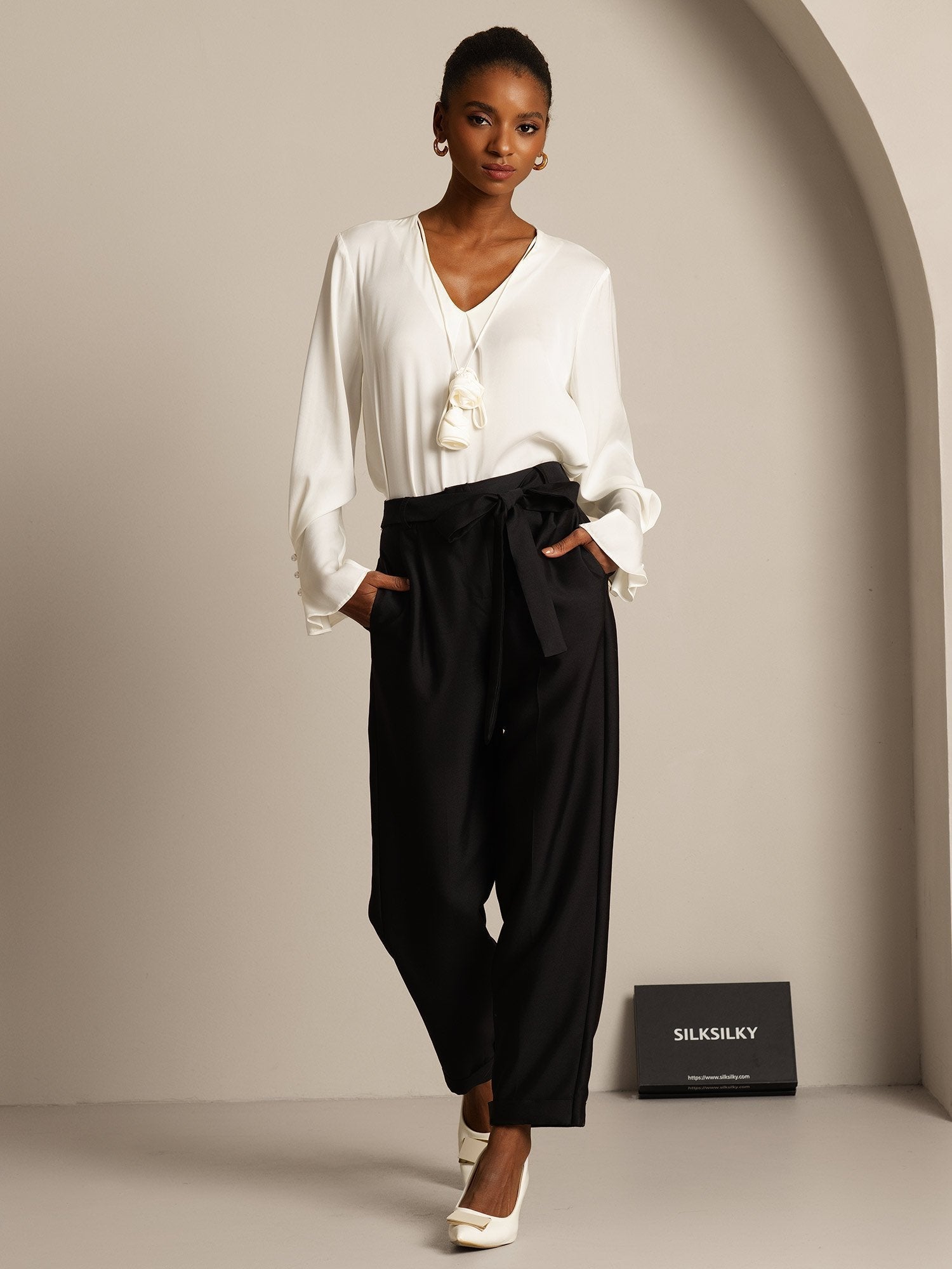 [Black] SilkSilky-CA 32Momme Silk-Wool Blend Womens Pants 003,