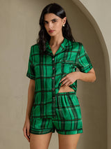 [Green Plaid] SilkSilky-CA Short Sleeve Notch Collar Women's Pajamas 004