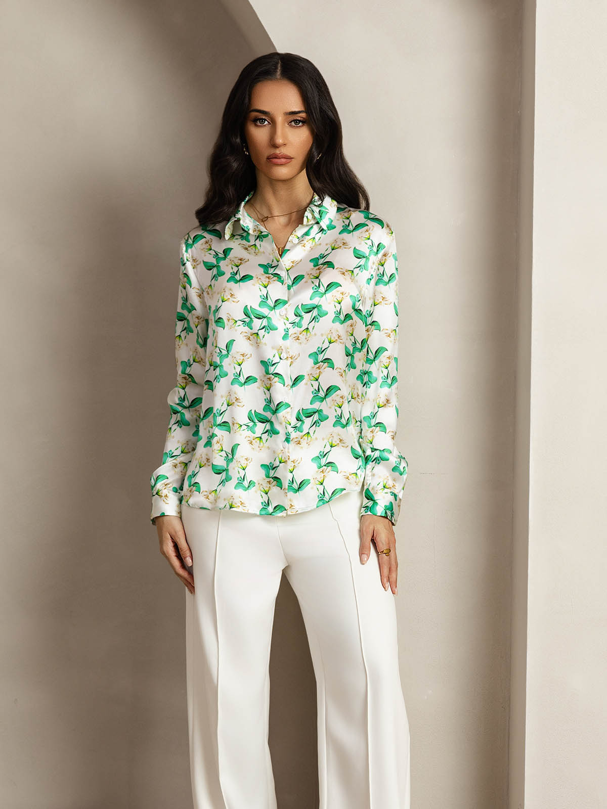 [Green Floral] SilkSilky-CA Silk Lapel Collar Women's Shirt 003