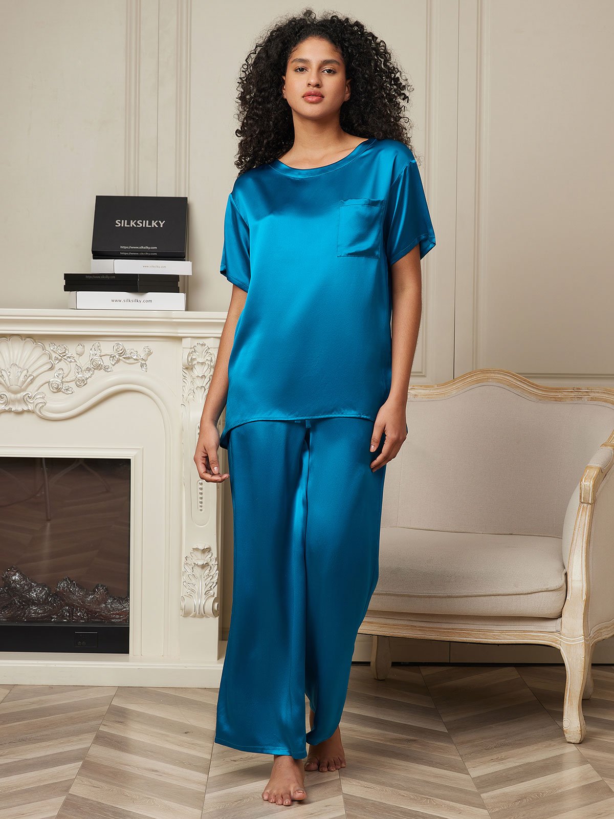 [Teal] SilkSilky-CA Pure Silk Short Sleeve Womens Pajamas 004