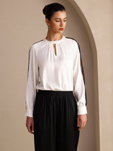 [White] SilkSilky-CA Long Sleeve Keyhole Neck Women's Blouse 004