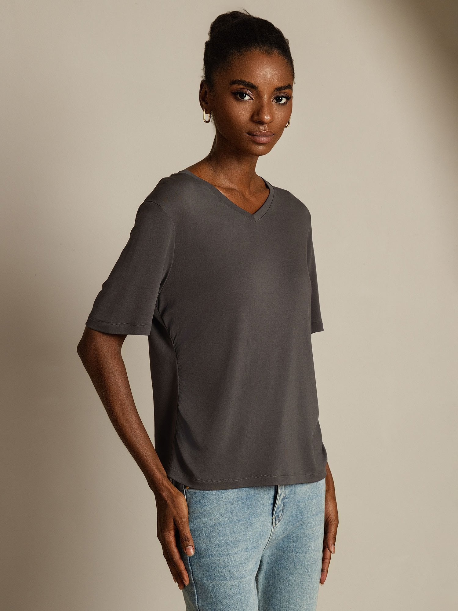 [Gray] SilkSilky-CA Pure Silk V Neck Women's T-Shirt 001