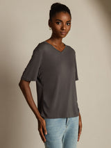 [Gray] SilkSilky-CA 100% High-Twist Silk Jersey Short Sleeve V Neck Women's T-Shirt 001