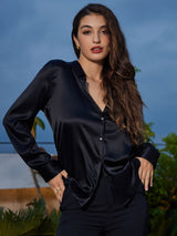 [Black] SilkSilky-CA Long Sleeve Lapel Collar Women's Shirt 003
