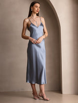 [Grayish Blue] SilkSilky-CA Spaghetti Strap V Neck Dress 004